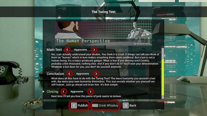 Jeśli natomiast zaczniesz od tego, że wspomożesz się whisky (opcja w dole ekranu), wśród dostępnych stylów pojawi się sarkastyczny, a po kolejnej szklaneczce - agresywny - Niedziela, 12 stycznia 2048 roku, Berlin, West Plaza, apartament Richarda Nolana - State of Mind - poradnik do gry