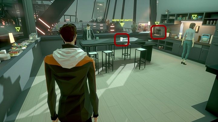 Po rozmowie z szefem wędruj z powrotem pasażem między stanowiskami aż do holu, a tam zajrzyj do biurowej kuchni (po lewej), gdzie weź ze stołu w centrum plastikowy kubek i napełnij go kawą z ekspresu stojącego na ladzie po prawej - Poniedziałek, 13 stycznia 2048 roku, Berlin, West Plaza - State of Mind - poradnik do gry