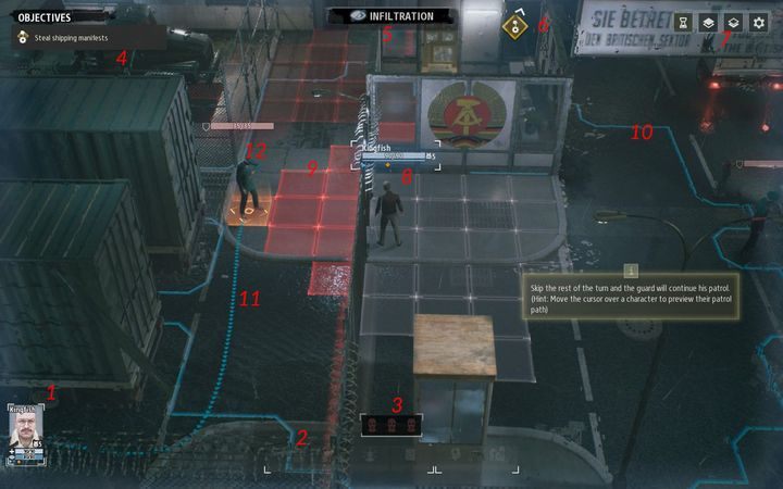 W tym miejscu masz szybki podgląd wszystkich agentów wraz z ich życiem, czujnością i dostępnymi ruchami - Interfejs gry Phantom Doctrine - Phantom Doctrine - poradnik do gry