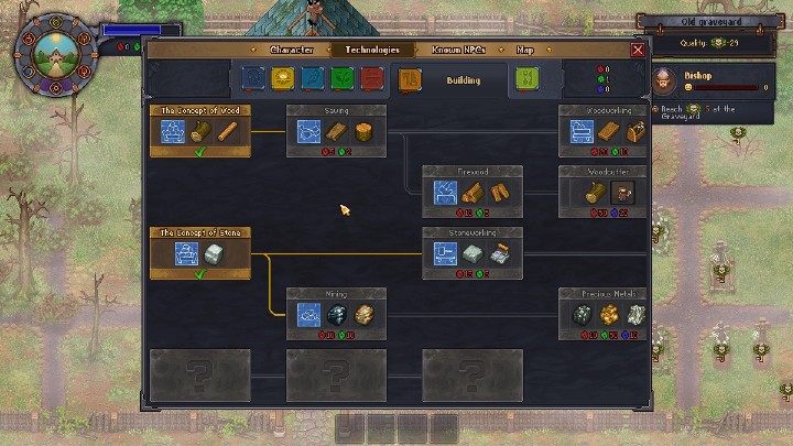 Drzewo technologii jest podzielone na poszczególne gałęzie - Drzewo technologii w grze Graveyard Keeper - Graveyard Keeper - poradnik do gry