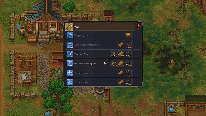 Wystarczy, że klikniesz Increase yard space, a teren działki automatycznie się powiększy - Jak powiększyć teren Workyard w grze Graveyard Keeper? - Graveyard Keeper - poradnik do gry