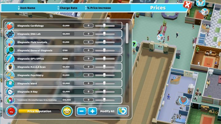 Panel zmian cen za zabiegi - Finanse i pieniądze w Two Point Hospital - Two Point Hospital - poradnik do gry