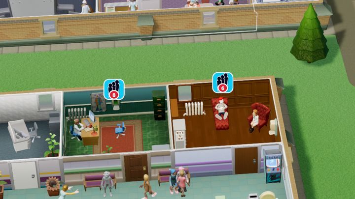 Ikona świadcząca o zbyt długiej kolejce. - Gabinety i pomieszczenia w Two Point Hospital - Two Point Hospital - poradnik do gry