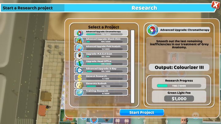 Na panelu badawczym masz do wyboru szereg ulepszeń sprzętu szpitalnego. - Jak ulepszać szpitalny sprzęt w Two Point Hospital? - Two Point Hospital - poradnik do gry