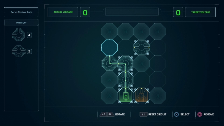 Tutaj zadaniem jest utworzenie połączenia, miedzy zielonym polem startu i pomarańczowym polem końca schematu - Marvels Spider-Man: Badanie substancji i regulacja mocy - opis mini-gier - Marvels Spider-Man - poradnik do gry