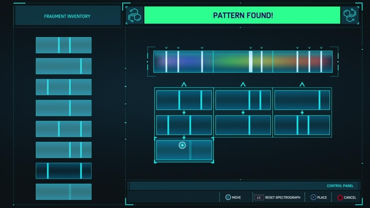 Twoim zadaniem jest łapanie fragmentów z lewej strony i umieszczanie ich po wzorem substancji, tak by linię się ze sobą zgadzały - Marvels Spider-Man: Badanie substancji i regulacja mocy - opis mini-gier - Marvels Spider-Man - poradnik do gry