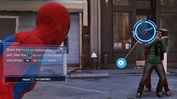 Na koniec drugiego starcia musicie uratować zakładnika i jest to scenka QTE - Marvels Spider-Man: Utrzymywanie pokoju (Keeping the Peace) - solucja, opis przejścia - Marvels Spider-Man - poradnik do gry