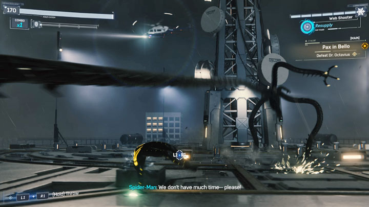 Boss polega na atakach mackami - są one szybkie i musicie reagować unikami (Kółko na padzie) - Marvels Spider-Man: Wojna i pokój (Pax in Bello) - solucja, opis przejścia - Marvels Spider-Man - poradnik do gry