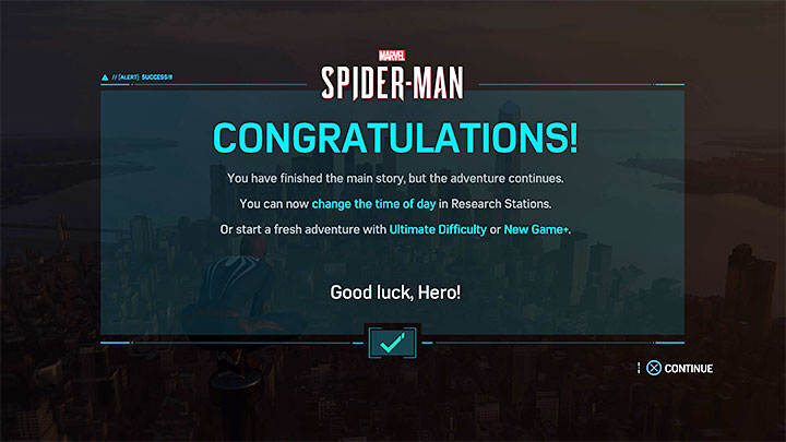 Po powrocie do miasta gra wyświetli planszę z gratulacjami i informacjami o przejściu do fazy endgame - Marvels Spider-Man: Wojna i pokój (Pax in Bello) - solucja, opis przejścia - Marvels Spider-Man - poradnik do gry