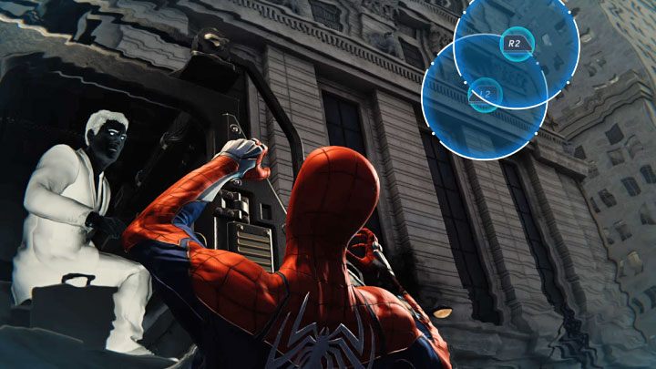 Na sam koniec czeka Was jeszcze sekwencja z naciskaniem odpowiednich przycisków (QTE) - musicie jednocześnie wystrzelić 2 pajęczyny (L2 i R2 na padzie) - Marvels Spider-Man: Mister Negative - boss, jak pokonać? - Marvels Spider-Man - poradnik do gry