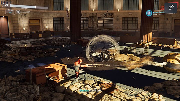 Boss po odpaleniu serii ataków będzie klęczał i odpoczywał - to moment przejścia do kontrofensywny - Marvels Spider-Man: Szok finansowy (Financial Shock) - solucja, opis przejścia - Marvels Spider-Man - poradnik do gry