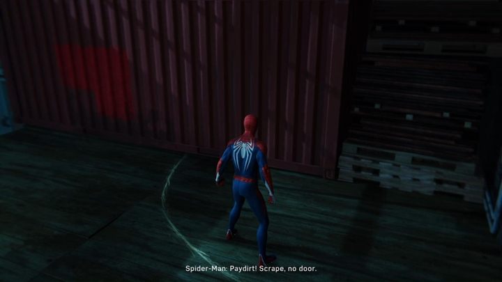 Przedostańcie się teraz na górę i podejdźcie do kontenera ze śladami przesuwanych drzwi na podłodze (powyższy obrazek) - Marvels Spider-Man: Zawiła sprawa (Wheels within Wheels) - solucja, opis przejścia - Marvels Spider-Man - poradnik do gry
