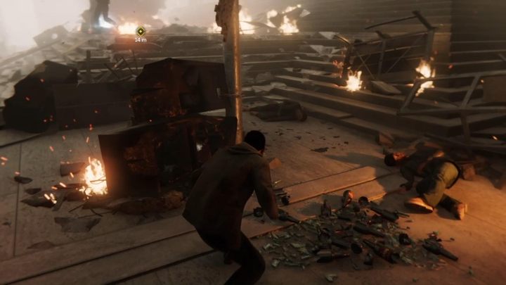 Gdy wszyscy będą zwróceni w inną stronę, wyjdźcie z ukrycia i biegnijcie do znacznika - mównicy, przy której doszło do eksplozji - Marvels Spider-Man: Nagrodę otrzymuje... (And the Award Goes to...) - solucja, opis przejścia - Marvels Spider-Man - poradnik do gry