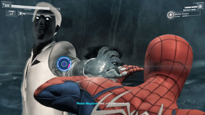 Starajcie się w walce namierzać Martina i zadać mu kilka ciosów - załączycie docelowo scenkę siłowania się (wciskanie Kwadratu na padzie) i awansujecie do finałowej fazy starcia z bossem - Marvels Spider-Man: Kurs kolizyjny (Collision Course) - solucja, opis przejścia - Marvels Spider-Man - poradnik do gry