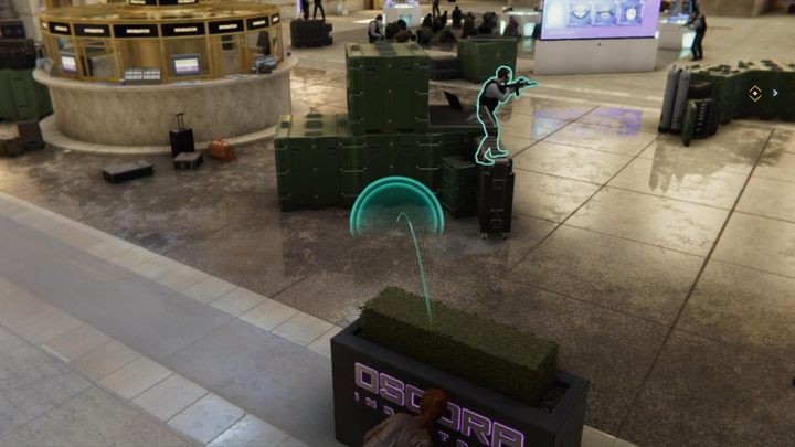 Podejdźcie teraz do napisu Oscorp i rzućcie wabik za skrzynie - Marvels Spider-Man: Ten, który uciekł (The One That Got Away) - solucja, opis przejścia - Marvels Spider-Man - poradnik do gry