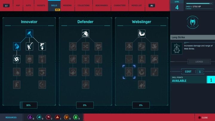 Twórcy udostępnili graczom trzy gałęzie rozwoju: Innowator, Obrońca, Sieciomiot - możesz w sumie wykupić i ulepszyć 34 umiejętności - Marvels Spider-Man: Rozwój postaci - kostiumy, umiejętności, gadżety - Marvels Spider-Man - poradnik do gry