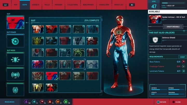Koszt stworzenia: 4 żetony baz, 3 żetony kultowych miejsc, 4 żetony wyzwań - Marvels Spider-Man: Wszystkie kostiumy bohatera - lista - Marvels Spider-Man - poradnik do gry