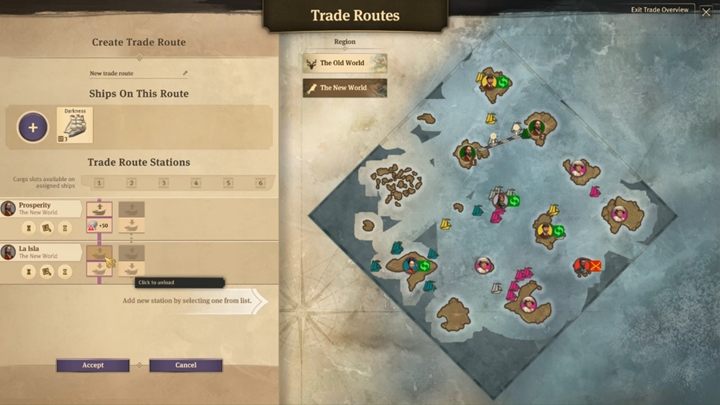 Teraz wybierz jaki towar (oraz wskaż ilość) chcesz załadować w docelowym miejscu i wybierz wyspę, na której nastąpi sprzedaż - Handel - jak handlować w Anno 1800? - Anno 1800 - poradnik do gry