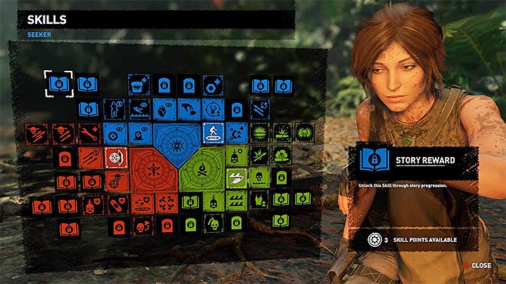 Umiejętności Lary dzielą się na trzy grupy - niebieskich, czerwonych i zielonych - Specjalizacja - trofeum w Shadow of the Tomb Raider - Shadow of the Tomb Raider - poradnik do gry