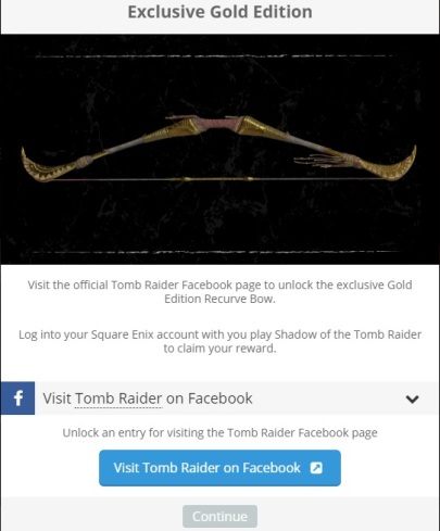 Aby zdobyć Recurve Bow Gold Edition musisz, po połączeniu kont, polubić oficjalnego fanpage Tomb Raidera na facebooku - Złote bronie w Shadow of the Tomb Raider - Shadow of the Tomb Raider - poradnik do gry