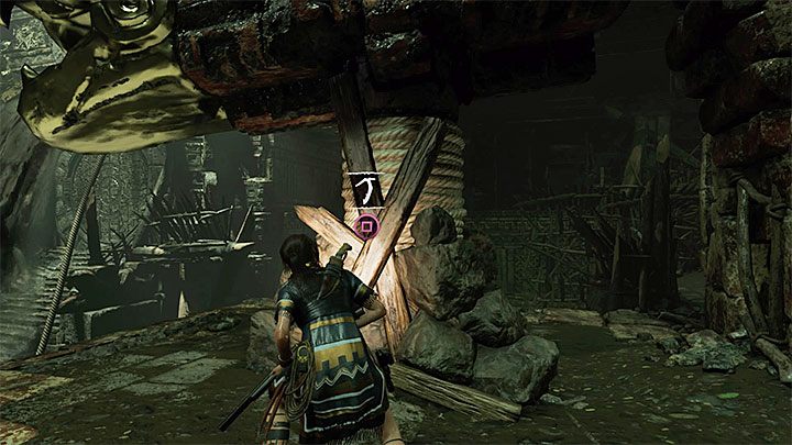 Górna konstrukcja z wężem jest obudowana deskami i musisz ją uwolnić - Zagadka z bramą Oka Węża w Cenotes w Shadow of the Tomb Raider - Shadow of the Tomb Raider - poradnik do gry