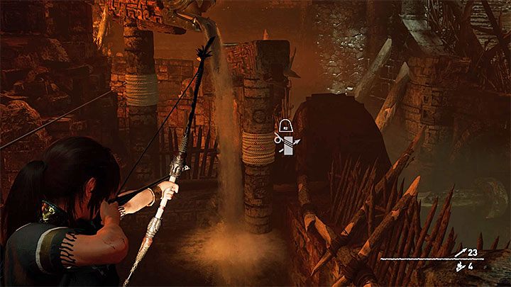 Powróć do korby i wyceluj w zwój lin przy dolnej konstrukcji z głową węża (powyższy obrazek) - Zagadka z bramą Oka Węża w Cenotes w Shadow of the Tomb Raider - Shadow of the Tomb Raider - poradnik do gry