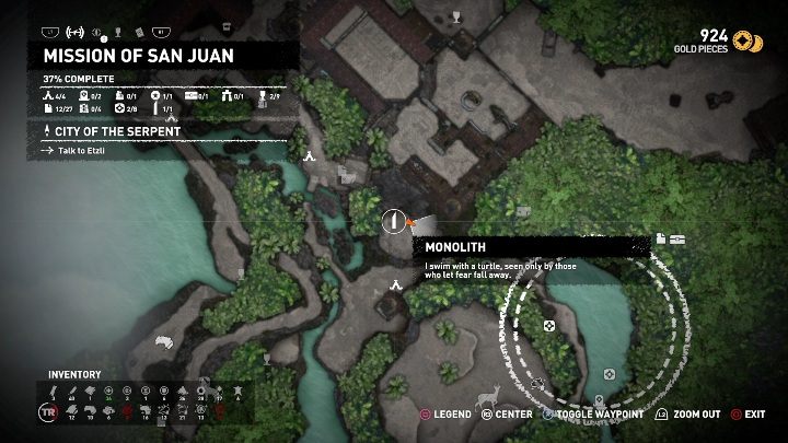 Lara odczyta z monolitu podpowiedz - I swim with a turtle, seen only by those who let fear fall awal - Dialekt Quechua - monolity w Shadow of the Tomb Raider - Shadow of the Tomb Raider - poradnik do gry