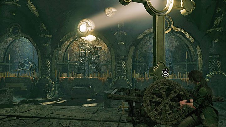 W sali z dużym krzyżem są dwa pokrętła - Jak rozwiązać zagadkę z drogą krzyżową pod biblioteką w San Juan? | Tomb Raider - Shadow of the Tomb Raider - poradnik do gry
