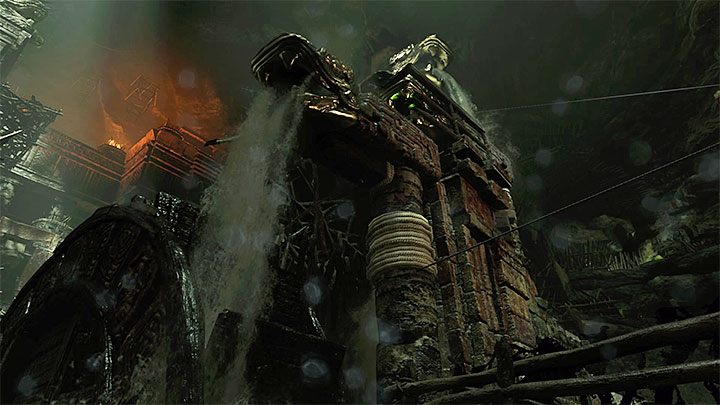 Ponownie przetnij linę i tym razem zainteresuj się ignorowaną do tej pory i pokazaną na obrazku 1 dolną konstrukcją z głową węża - Zbadanie świątyni i odnalezienie srebrnego pudełka - Oko Węża; Z pustymi rękoma - Shadow of the Tomb Raider - poradnik do gry