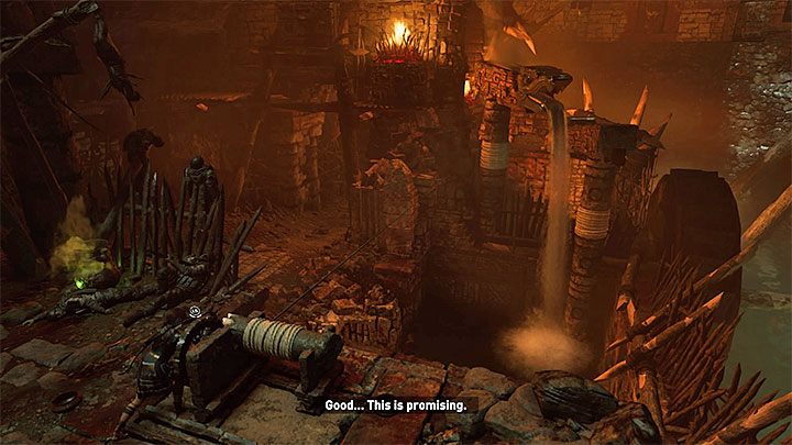 Ustaw się przy nowej korbie i wyceluj w pokazaną na obrazku 1 wyższą konstrukcję z głową węża - Zbadanie świątyni i odnalezienie srebrnego pudełka - Oko Węża; Z pustymi rękoma - Shadow of the Tomb Raider - poradnik do gry