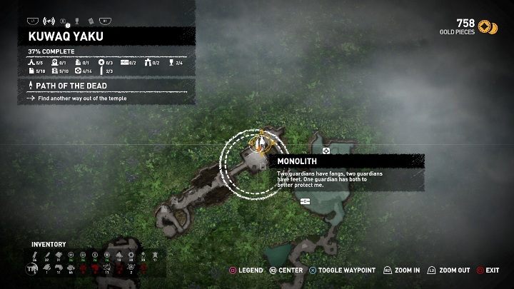 Lara odczyta podpowiedz brzmiącą tak - Two guardians have fangs, two guardians have feet - Dialekt Mam- monolity w Shadow of the Tomb Raider - Shadow of the Tomb Raider - poradnik do gry