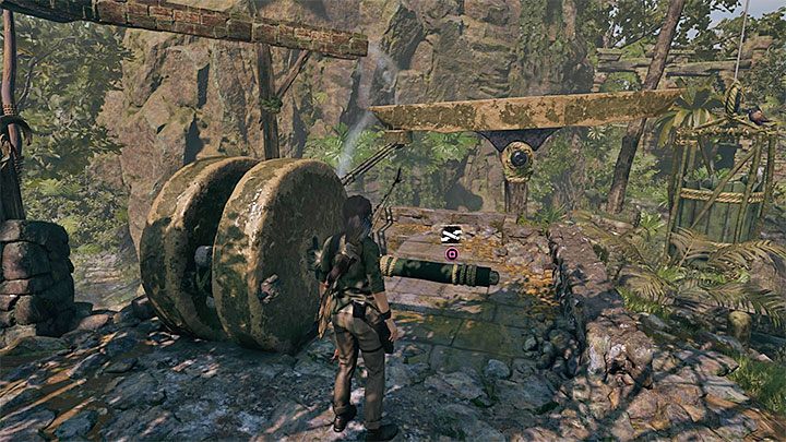 Wróć się na dół i zainteresuj pokazanym na obrazku innym mechanizmem na lewo od mostu - Jak rozwiązać zagadkę z mostem w peruwiańskiej dżungli? | Tomb Raider - Shadow of the Tomb Raider - poradnik do gry