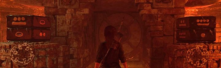 W sali jest zamknięta brama z dwoma interaktywnymi pokrętłami po bokach - Zbadanie wykopalisk i rozwiązanie zagadki z zamkniętą bramą - Shadow of the Tomb Raider - poradnik do gry