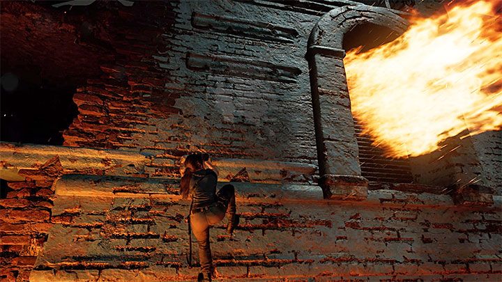 Po wdrapaniu się na małą półkę złap się błękitnej krawędzi ściany budynku i zacznij przemieszczać w prawo - Przejście przez wykopaliska i ucieczka - Solucja Shadow of the Tomb Raider - Shadow of the Tomb Raider - poradnik do gry