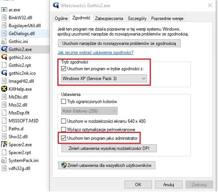Zaznaczone ustawienia mogą rozwiązać problem z uruchomieniem gry. - Gothic 2: Jak dzisiaj uruchomić grę? - Gothic II - poradnik do gry