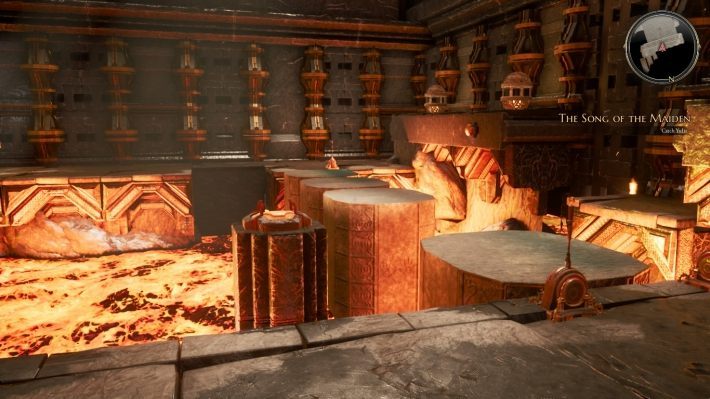 Aby dotrzeć na drugą stronie - stań na najbliższym głazie i użyj dźwigni, by znalazł się blisko trzech pozostałych - Zagadki w Bards Tale 4 - Kamienie do popchnięcia - The Bards Tale 4 - poradnik do gry