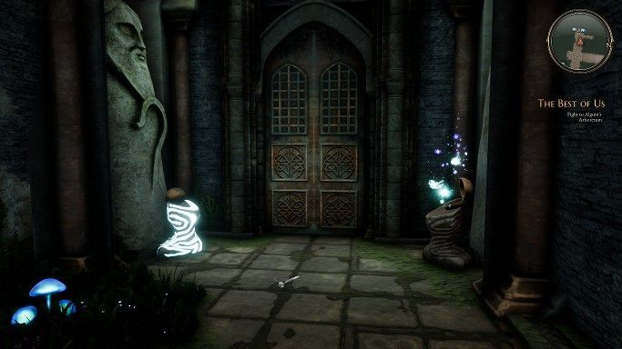 Za zionącymi ogniem pułapkami, które znajdują się dalej, znajdziesz kamienną głowę, która pasuje do kapliczki naprzeciwko - Zagadki w Bards Tale 4 - Kapliczki - The Bards Tale 4 - poradnik do gry