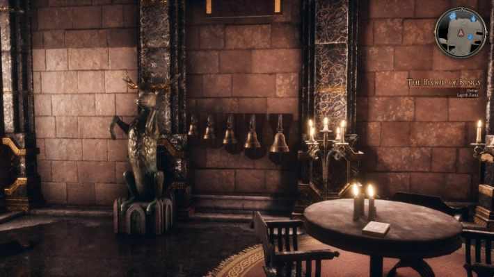 Aby otworzyć drzwi należy zadzwonić dzwonki w takiej kolejności: 3, 1, 5, 4, 2, 1, 5, 3 (gdzie 1 oznacza dzwonek najmniejszy, a 5 największy) - Krew Królów - zadanie w The Bards Tale 4 - solucja - The Bards Tale 4 - poradnik do gry