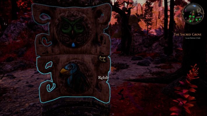 Koło mostu znajduje się zagadka z zielonym totemem, musisz ułożyć go tak, aby most się opuścił - Nie szukajcie świętych miejsc - zadanie w The Bards Tale 4 - solucja - The Bards Tale 4 - poradnik do gry