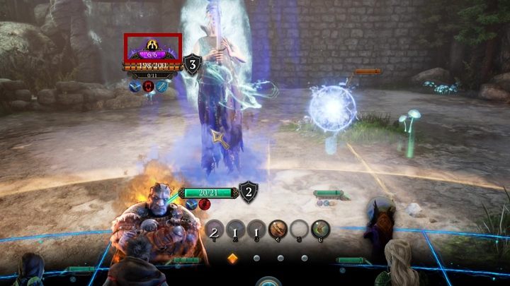 Wskaźnik wytrzymałości zaklęcia oraz czasu do wyprowadzenia ataku. - Mangar - trudne walki w Bards Tale 4 - The Bards Tale 4 - poradnik do gry