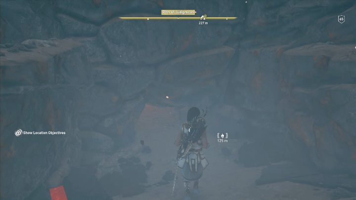 Aby przedostać się dalej musisz wślizgnąć się w otwór w ścianie - pokazany jest na screenie powyżej - Jaskinia Sądu - Ślady Hermesa w DLC Lost Atlantydy - Assassins Creed Odyssey - poradnik do gry