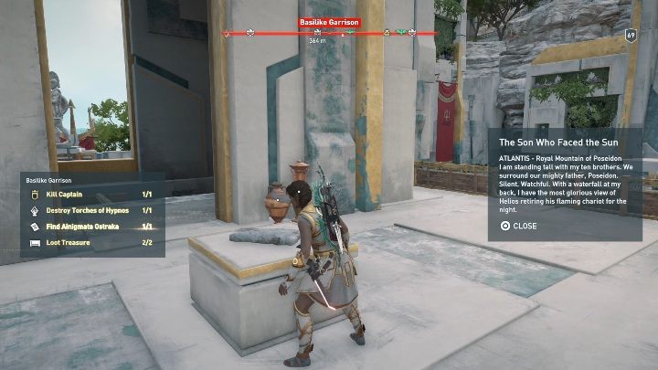 Lokalizacja enigmatycznego Ostrakonu: W lokacji nazwanej Basilike Garrison/Garnizon w bazylice, przed wejściem, znajduje się kamienny stół - Wyrok na Atlantydę | Enigmatyczne ostrakony | Los Atlantydy DLC - Assassins Creed Odyssey - poradnik do gry