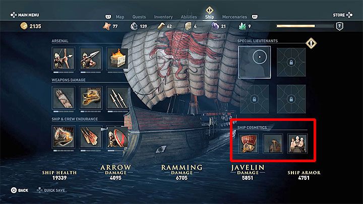 Sloty elementów ozdobnych statku znajdują się w prawym dolnym rogu ekranu - Czy elementy ozdobne statku wpływają na jego statystyki? - Assassins Creed Odyssey - poradnik do gry