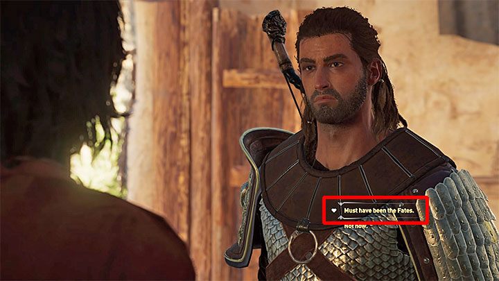 Podczas pierwszej rozmowy z Mikkosem możesz wybrać opcję dialogową oznaczoną ikoną serca - pokazuje ją dołączony obrazek - Mikkos - Romanse w Assassins Creed Odyssey - Assassins Creed Odyssey - poradnik do gry