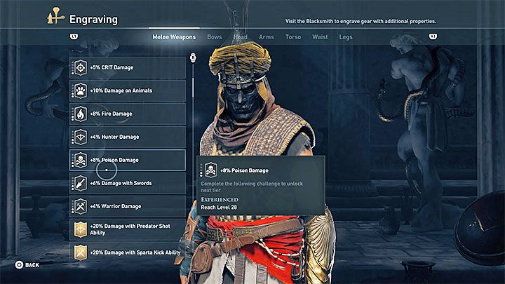 Gra w nowym menu wyświetli listę odblokowanych już grawerunków, jak i tych, które musisz dopiero zdobyć - Jak odblokowywać grawerunki i jak je nakładać na bronie i pancerze? - Assassins Creed Odyssey - poradnik do gry