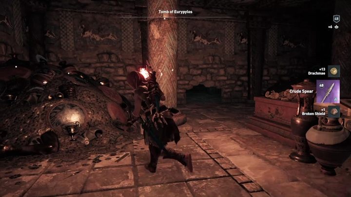 Przejdź wnęką dalej, a na końcu korytarza przesuń drewnianą półkę - Grobowce w regionie Achaja - Assassins Creed Odyssey - poradnik do gry