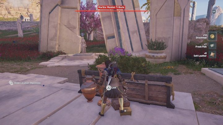 Piąty pomnik znajdziesz pomiędzy wzgórzami, na zachód od Świętego Sanktuarium oraz na północ od łączki tojadu - Azyl Ferai - Pomnik Marmurowej Dziewicy w DLC Lost Atlantydy - Assassins Creed Odyssey - poradnik do gry