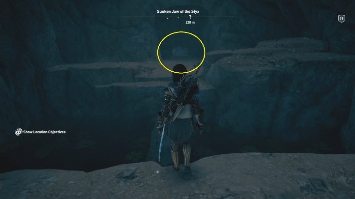 Aby przedostać się dalej musisz wślizgnąć się w otwór w ścianie - pokazany jest na screenie powyżej - Zatopiona Gardziel Styksu - Ślady Hermesa w DLC Lost Atlantydy - Assassins Creed Odyssey - poradnik do gry