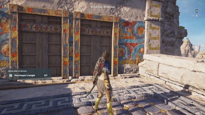 Gdy dotrzesz do drewnianych, zamkniętych drzwi wespnij się na górę budynku - Zamaskowany Ołtarz Hermesa - Ślady Hermesa w DLC Lost Atlantydy - Assassins Creed Odyssey - poradnik do gry