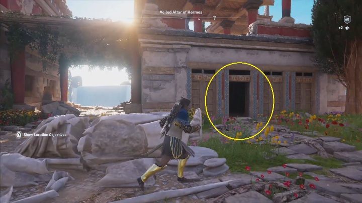 Gdy dotrzesz na szczyt góry wejdź do budynku pokazanego na screenie powyżej - Zamaskowany Ołtarz Hermesa - Ślady Hermesa w DLC Lost Atlantydy - Assassins Creed Odyssey - poradnik do gry